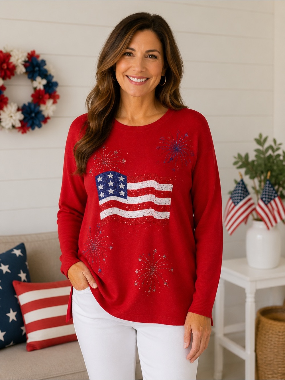 Quacker Factory Red Vintage Embellished 4th Of July Patriotic Americana Sweater